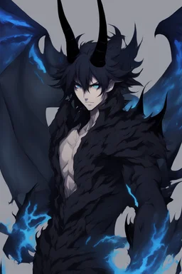 An anime adult male demon with dark, messy, black hair, black horns, and bright blue eyes, large dragon like wings