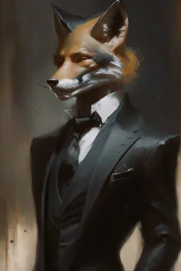 a fox in black suit in the style of Aleksi Briclot, Charlie Bowater, Dean Cornwell, and Pino Daeni