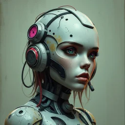 a cyborg girl, retro futuristic, aged, damaged, stylised, digital art