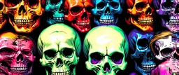 a field of 1000s of cartoonish, anatomically correct, skulls, vivid RANDOM BRIGHT neon colors, dark comedy, well lit, high detail, photorealistic, horrorcore, fun, scary, none featured, each a different color or hue,