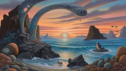 Oil painting, A surreal landscape featuring a large, open frame with a view of a coastal scene . In the foreground, a dark bird stands near round shapes resembling boulders . The background includes a sunset with soft pink and orange hues , a distant mountain range , and a blue sky with clouds . The ocean is visible, with waves crashing against the shore , creative, extremely detailed brush stroke