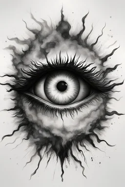 A realistic drawing in negative space black ink on white background of the eye of God inside a sun with very defined and correct details and brushstrokes smoke around it