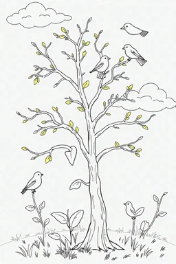 خط‌های تمیز و ساده، برای رنگ‌آمیزی آزاد ، تصویر باید سیاه سفید باشد، به شرح گیاه هرز رشد کرده، شاخه‌هایی از آن به سوی شاخه‌های درخت تصویر قبلی خزیده‌اند. برخی شاخه‌ها از تنه فاصله گرفته‌اند. بر روی بعضی شاخه‌ها برگ‌های زرد دیده می‌شود. پرنده‌ها از هم دور شده‌اند، برخی با نگاه شک و تردید. ابرها بیشتر شده‌اند و باد ملایم وزیدن گرفته