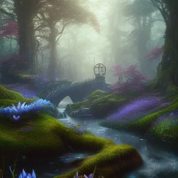 fantasy concept art, dynamic lighting, Intricately detailed, Splash screen art, deep color, Unreal Engine, volumetric lighting, blue flowers, moss, leather, creek, fantasy forest artwork,