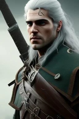 Henry cavil face, yellow eyes, long white hair, wearing The witcher 3, realistic, 4k, intricate, best quality, fog particles, fire particles, octane render, vray, sword fire