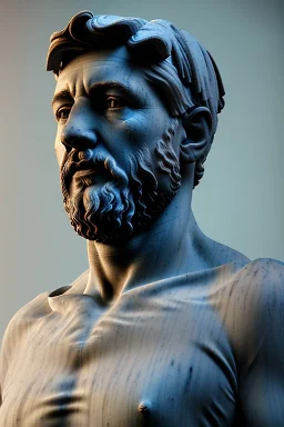 Ultra Realistic image, classical renaissance sculpture, marble material, Lionel Messi, emperor style, chisel style, waist up portrait, epic, celestial, cinematic lighting, God light, god rays, 4k resolution, smooth details, ornate details, soft lighting, unreal engine 5, sky background.