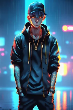 mysterious anime boywith tattoos on his face, wearing a cap, dark background with foggy floor, raining, reflections, neon, golden chain, piercings, grey hair, standing in the center of the scene, high detail, dramatic lighting, dynamic pose, stylish attire, vibrant colors, character design by Ilya Kuvshinov, cinematic, 4k resolution