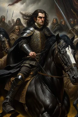 Oil painting of a king Very handsome with black hair poked on his black horse and wearing full black and fur Raset battle and those around him fighting Photorealistic