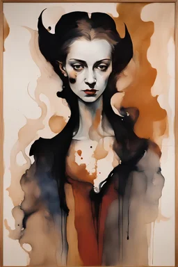 abstract 16th century portrait of a vampire sorceress with fine ink, done in the painting style of Helen Frankenthaler, rich natural colors, museum quality masterpiece.