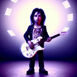 3d render, Alice Cooper toddler, full body, guitar, dramatic lighting, volumetric lighting, music studio background, hyper realistic, unreal engine 5, 8k, UHD,