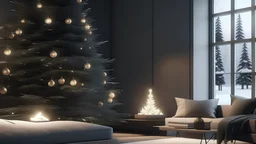 scandinavian living room with a beautiful scandinavian christmastree right beside a cozy fireplace. outside it is snowing. realistic, 8k. rendered 8k