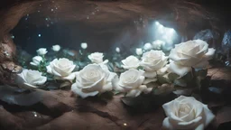 Photoreal dark underground cave with neon brightly neon glowing neon white roses in the style of fantasy movies, photorealistic, shot on Hasselblad h6d-400c, zeiss prime lens, bokeh like f/0.8, tilt-shift lens 8k, high detail, smooth render, unreal engine 5, cinema 4d, HDR, dust effect, vivid colors