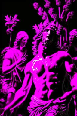 Dionysian rite of sparagmos; black and white with neon pink; Renaissance