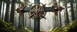 High-end state-of-the-art STEAMPUNK aesthetics flawless, rugged,heraldic emblem two sharpened swords crossing an epic cross, forest background, close-up shot, realistic, supreme cinematic-quality photography, steel walnut wood green armour, Art Nouveau-visuals,Vintage style Octane Render 3D technology,hyperrealism photography,(UHD) high-quality cinematic character render,Insanely detailed close-ups capturing beautiful complexity,Hyperdetailed,Intricate, 8k