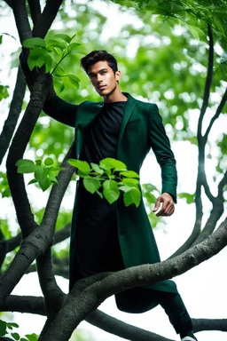 fullbody shot of young-man-with-a-perfect-face standing in green trees