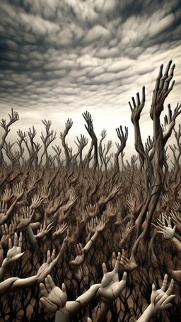 a field of thousands of hands of bodies rising up from the ground not visible, horror, hands in different shapes coming out from the ground towards the sky Busch painting style nightmare and thin line draw, a dry tree no leaves only branches