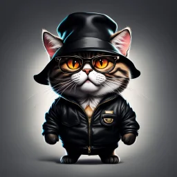 Drawing of an angry cat with black jacket, hat and glasses, NFT style