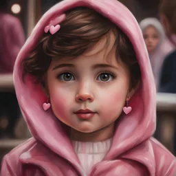 Painting of a little girl with big hazel eyes and short brown hair with a pink jacket and heart earrings, 2 years old, adorable eyes, cute face, light colors, oil pastel, oil pastel painting, oil painting, painting style