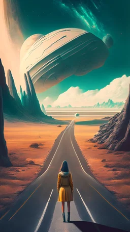 road with sci-fi landscape and woman looking down at spaceship with planet