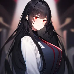 Clear focus,High resolution, black long fluffy hair, long fluffy bangs, red eyes, wearing a lab outfit, extreme close up, evil smile