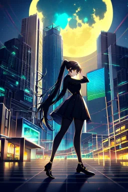 girl, masterpiece, best quality, cinematic lighting, detailed outfit, perfect eyes, black hair, golden eyes, long hair, ponytail, girl standing in a modern cityscape at night with a bright yellow moon in the background, detailed cityscape illustration, neon lights, vibrant colors, dramatic lighting,