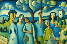 Oil painting in the style of Picasso, showing a nice family three men, three women, two sited children with smiling faces around beautiful landscape with trees