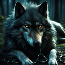 sad small scruffy wolf in chains laying down eyes closed, photorealistic, 4k, dark fantasy, forest