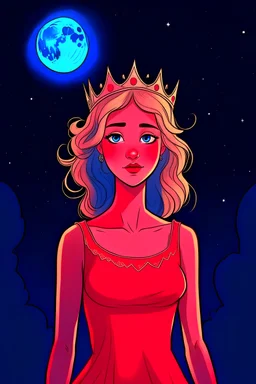 Blonde girl, white skin color, blue eyes, standing in the moonlight, handdrawn, red dress, wearing a crown,
