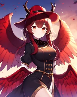 anime girl with red horns, red fedora, red wings and black antlers on the head.