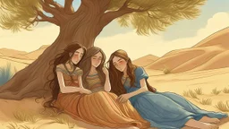 Illustration of three women resting under a tree in a desert landscape, digital art, soft diffused lighting. The woman on the left is a fair-skinned, 23-year-old woman with long brown hair, wearing a cloth that covers her face. The woman in the middle is a fair-skinned, 25-year-old woman with long brown hair, lying on her stomach. The woman on the right is a black, 21-year-old woman with short curly hair, wearing a white dress and golden jewelry. The tree has red leaves and is in the center of t