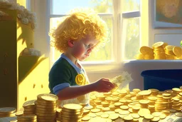 a curly-haired blond boy counts money and stacks gold coins in a modern nursery, in sunshine