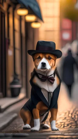 a dog with a suit and a hat in street