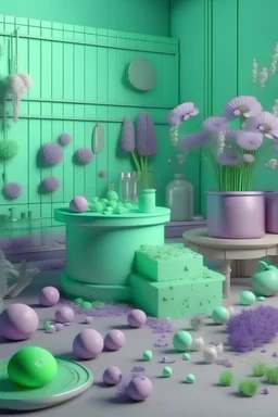 kitchen with different textures in pastel green and violet color with metalic details look like in Cinema 4D, flour are with flowers