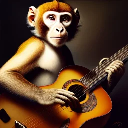 Audobon painting of a monkey playing a guitar, 6 strings, fingers