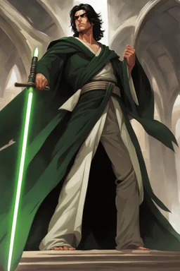 Full Body, Male Tan Human, Shredded Boyd, Sith, Blindfold, Green and Black Robes, Handsome face, Black hair.