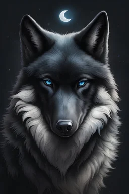 Portrait of an all black wolf with steel blue eyes a white patch of fur on its chest in the shape of the crescent moon