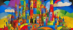 A rainbow empire with a giant castle designed in Maoi statues painted by Wassily Kandinsky