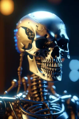 portrait of glowing skeleton cyborg grinning, zeiss prime lens, bokeh like f/0.8, tilt-shift lens 8k, high detail, smooth render, down-light, unreal engine, prize winning