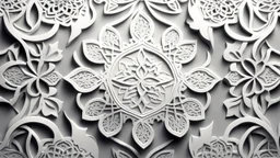 Hyper Realistic Beautiful White Islamic Pattern Design On Light-Grey Background.