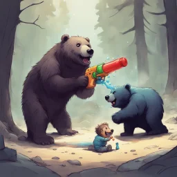 mischievous grinning brat with a squirt gun approaching a sleeping bear, concept art, dramatic, oddball masterpiece