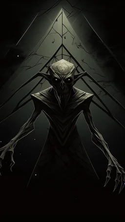 A demonic figure with a triangular body with long arms and creepy small eyes that is floating in a dark room