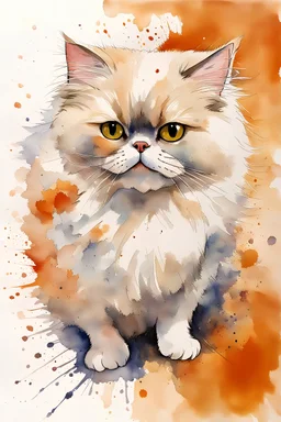 painting of a persian cat rolling on its back, the cat is in the centre of the picture taking up only one third of the image, in watercolour, in the background an orange wall, splatter, art, aquarell, pastell, ink, soft, lots of white negative space around the outside of the picture, white outlines, full shot, bird perspective, from above