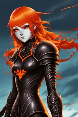 Dark Paladin, orange hair, orange eyes, standing in front of dark castle, Female, similar to berserk