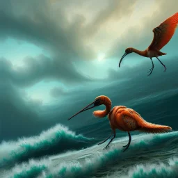 a digital art ibis in orange and green battle armor, in a hurricane, a highly detailed illustration, background of crashing ocean waves, realistic render, 8 k, micro detail, intricate, elegant, centered, digital painting, Artstation, smooth, sharp focus, illustration, artgerm, tomasz alen kopera, peter mohrbacher, donato giancola, joseph christian leyendecker, wlop, boris vallejo