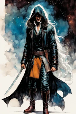 Create a fine art print , illustration of a small hooded epic fantasy sword and sorcery thief character with long flowing hair , finely lined and detailed facial features, in an fur collared leather jerkin and breeches , a short oriental cloth belt at the waist, stealthy soft leather slippers, , in the comic book style of Bill Sienkiewicz, Howard Chaykin, Mike Mignola, Philippe Druillet, and Jean Giraud Moebius, precisely drawn, colored and inked