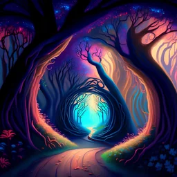 A painting of magical dreamscape with twisted trees in a tunnel of love with pastel colors 4K HD