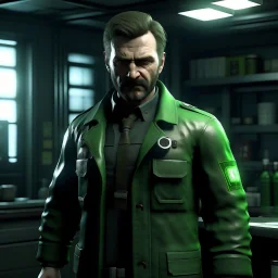 A resident evil Scientist, with a dark green Fleece below his lab coat,