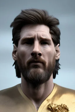 Realistic image, lionel Messi Roman sculpture made in marble with gold veins, gold laurel leaves crown, gold ornaments, Renaissance style, sun rays background, waist up portrait, epic, celestial, cinematic lighting, God lights, 4k resolution, smooth details, soft lighting, unreal engine 5, art station, substance 3d.