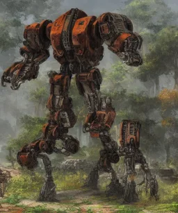 Large rusty destroyed mechwarrior inside a futuristic ancient ruin with plants and animals