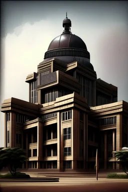 Architectural style for building of India's Intelligence Bureau , make it visibly military and intelligence style at the same time similar to Indian Architecture, use darker colors
